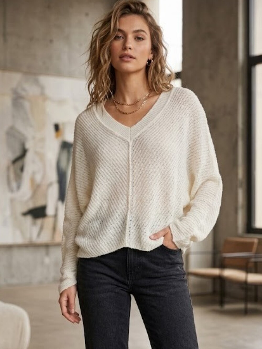 Mango V-Neck lightweight cream sweater size S